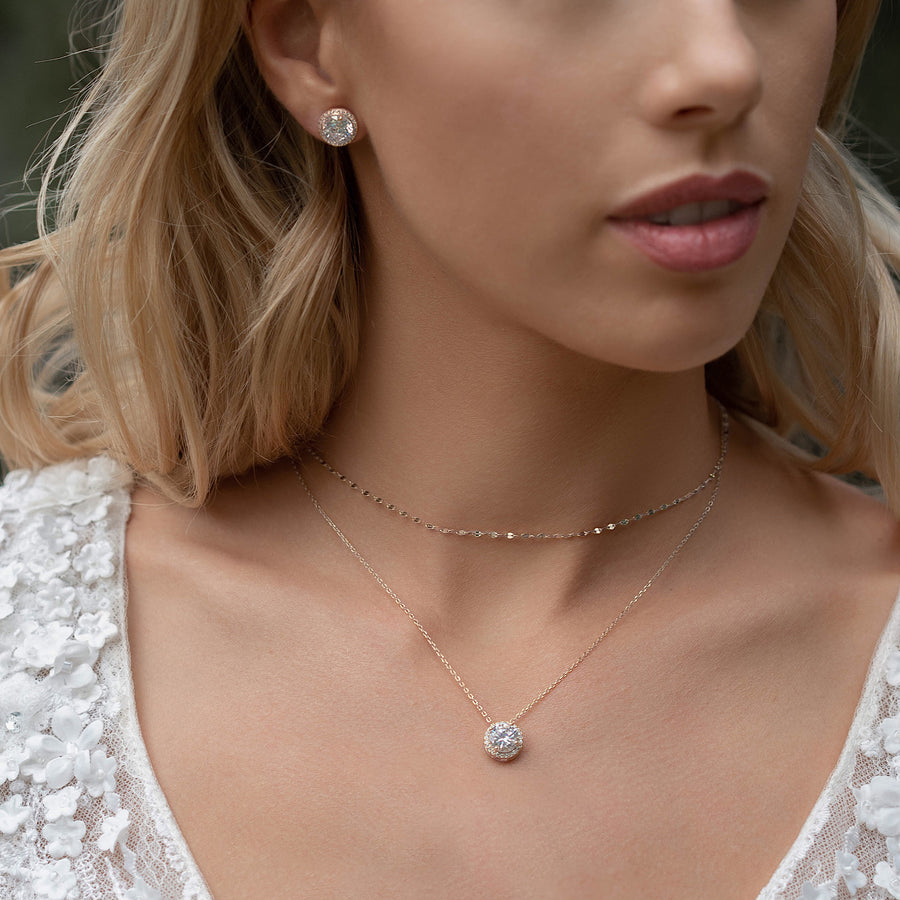 White Gold Stud Earrings and Pendant Necklace | Bridal Jewelry Set