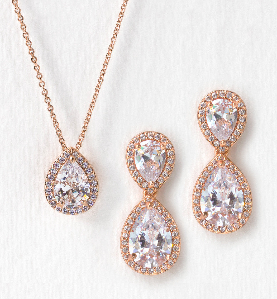 Rose gold Diamond necklace and earring set | American Diamond teardrop  stone necklace Rose gold | Indian CZ Crystal necklace earring sets